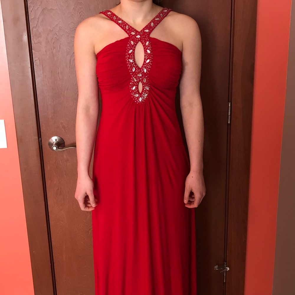 Formal red dress with beaded neckline